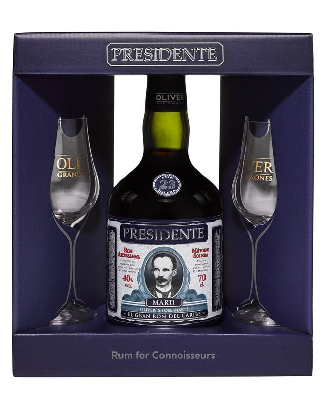 Oliver & Oliver Presidente Martí 23y 40% 0,7 l (dárkové balení 2 skleničky)