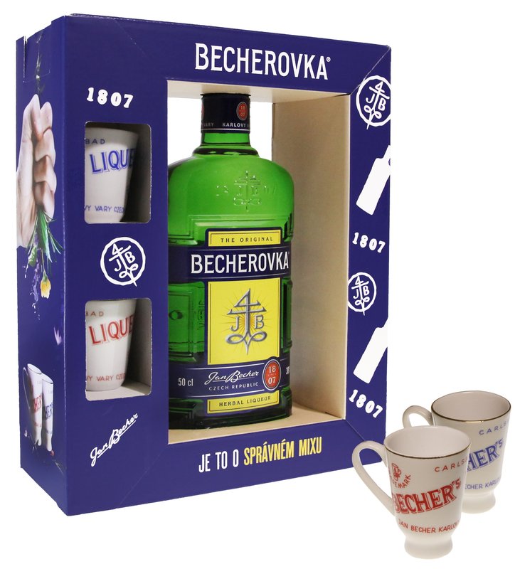 Jan Becher Becherovka + 2 porcelánové kalíšky 0,5 l