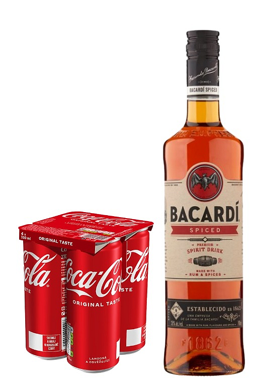 Levně Bacardi spiced 0,7L + 4pack coca cola 0,33l plech