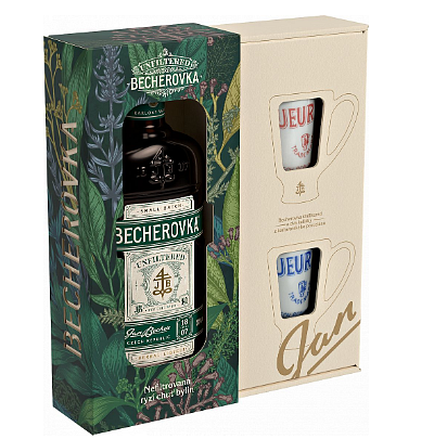 Dárkové balení Becherovka nefiltrovaná 0,5l 38% + kalíšky